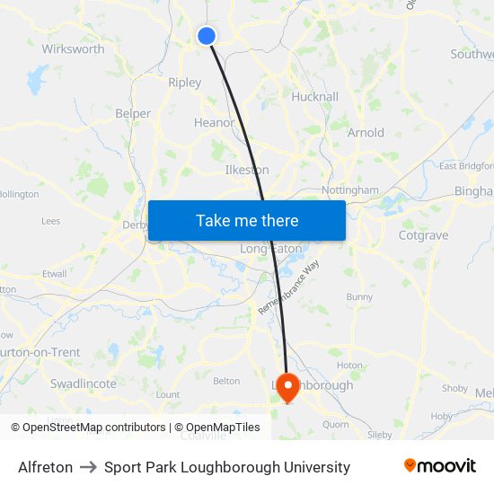 Alfreton to Sport Park Loughborough University map