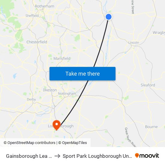 Gainsborough Lea Road to Sport Park Loughborough University map