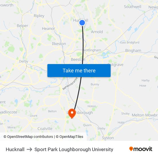 Hucknall to Sport Park Loughborough University map