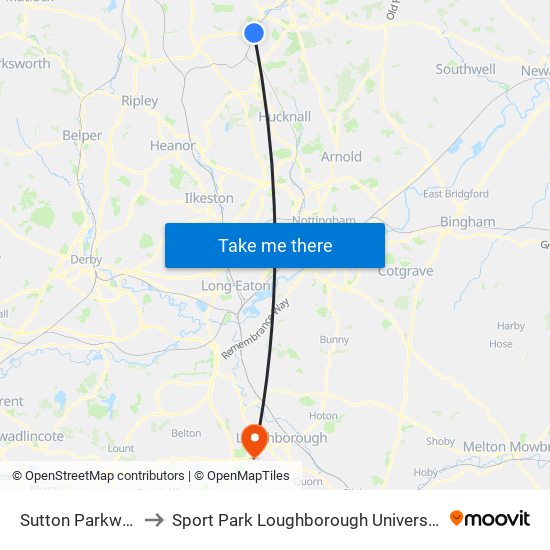 Sutton Parkway to Sport Park Loughborough University map
