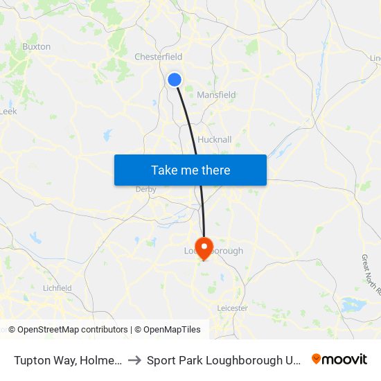 Tupton Way, Holmewood to Sport Park Loughborough University map