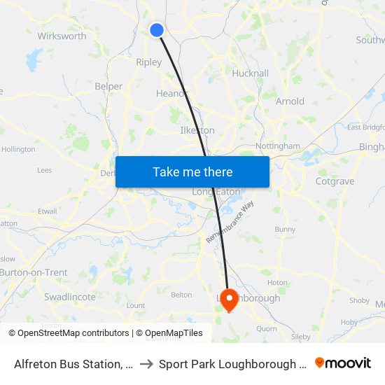 Alfreton Bus Station, Alfreton to Sport Park Loughborough University map