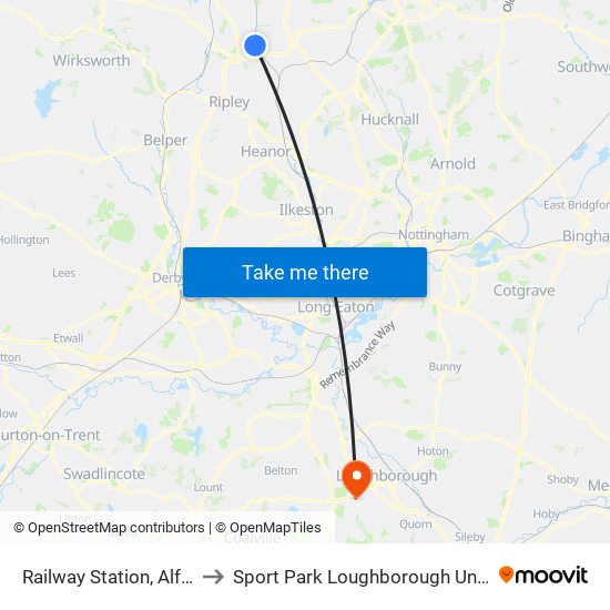 Railway Station, Alfreton to Sport Park Loughborough University map