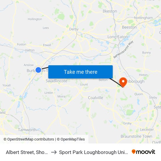 Albert Street, Shobnall to Sport Park Loughborough University map