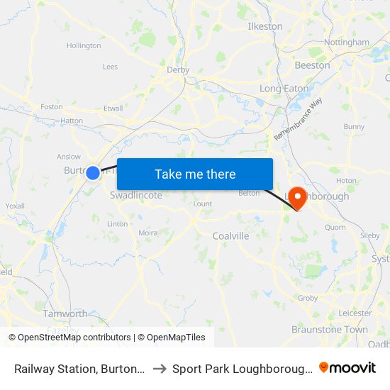 Railway Station, Burton upon Trent to Sport Park Loughborough University map