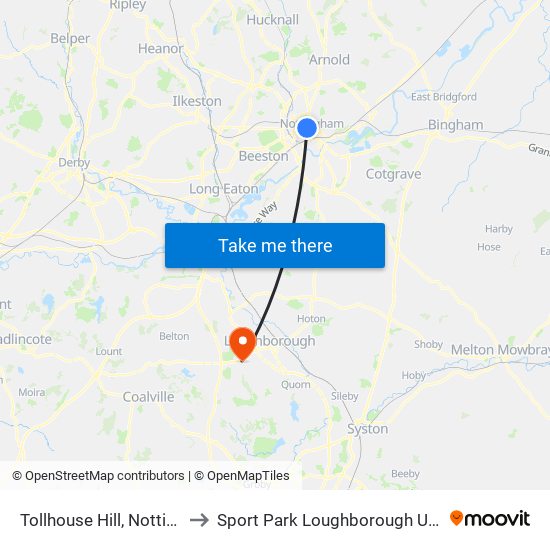 Tollhouse Hill, Nottingham to Sport Park Loughborough University map