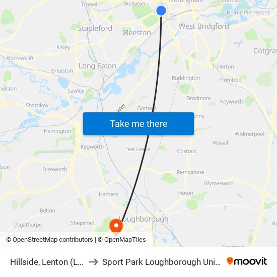 Hillside, Lenton (Le12) to Sport Park Loughborough University map