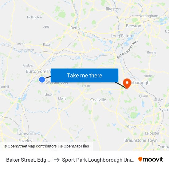 Baker Street, Edge Hill to Sport Park Loughborough University map