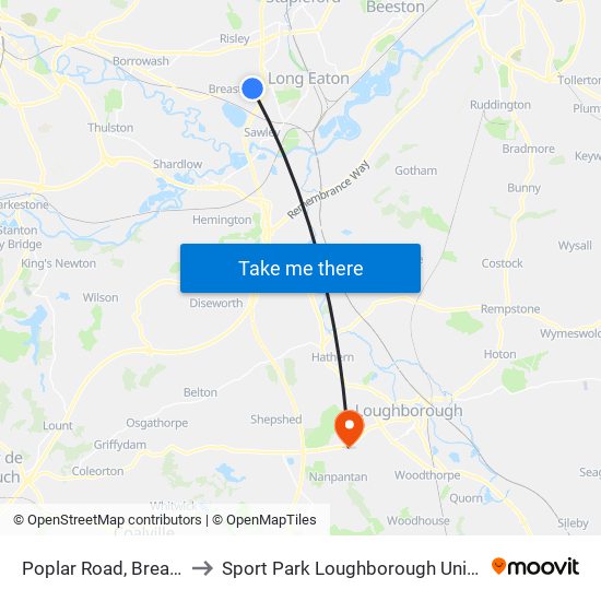 Poplar Road, Breaston to Sport Park Loughborough University map