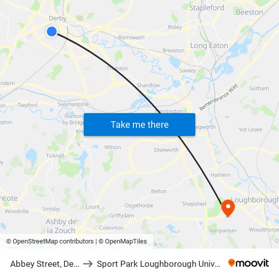 Abbey Street, Derby to Sport Park Loughborough University map