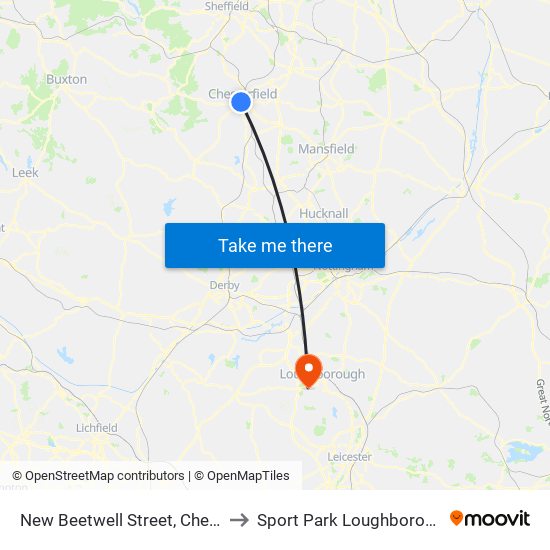 New Beetwell Street, Chesterfield (B13) to Sport Park Loughborough University map