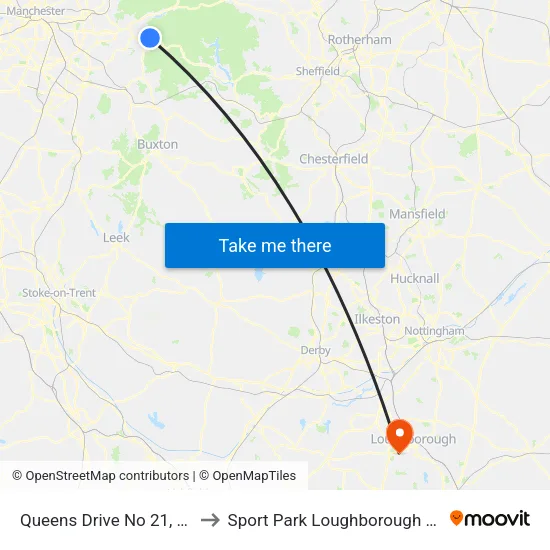 Queens Drive No 21, Glossop to Sport Park Loughborough University map