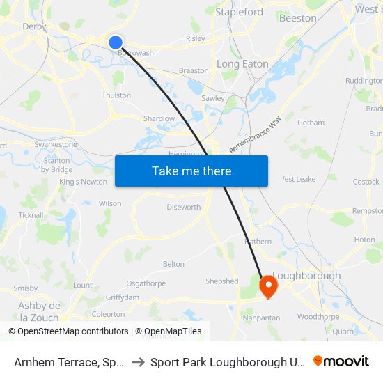 Arnhem Terrace, Spondon to Sport Park Loughborough University map
