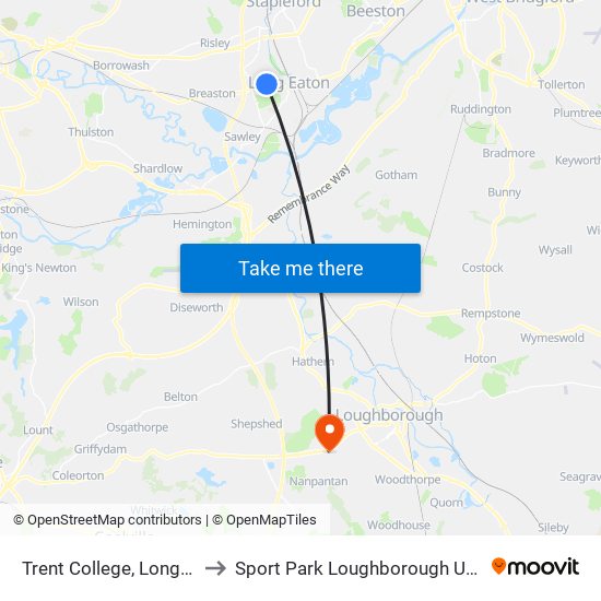 Trent College, Long Eaton to Sport Park Loughborough University map
