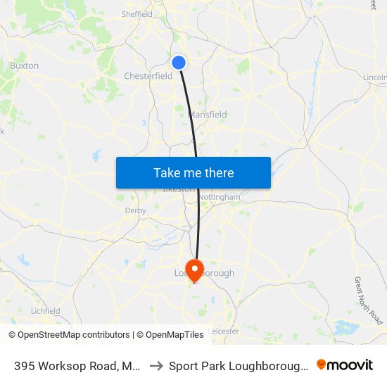 395 Worksop Road, Mastin Moor to Sport Park Loughborough University map