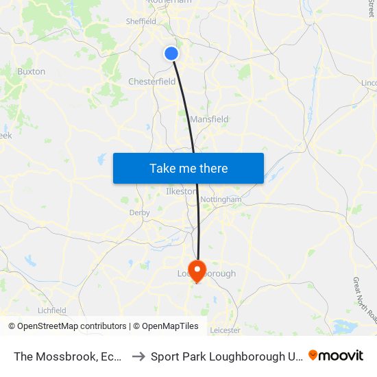 The Mossbrook, Eckington to Sport Park Loughborough University map