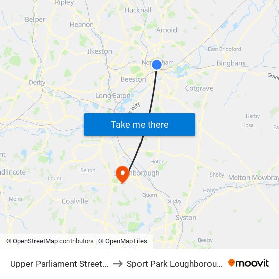 Upper Parliament Street, Nottingham to Sport Park Loughborough University map
