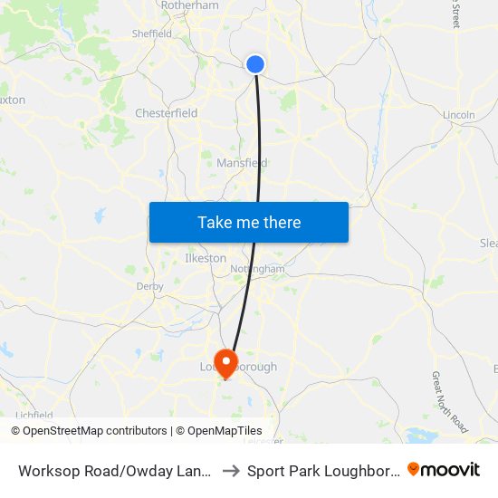 Worksop Road/Owday Lane, Lindrick Common to Sport Park Loughborough University map