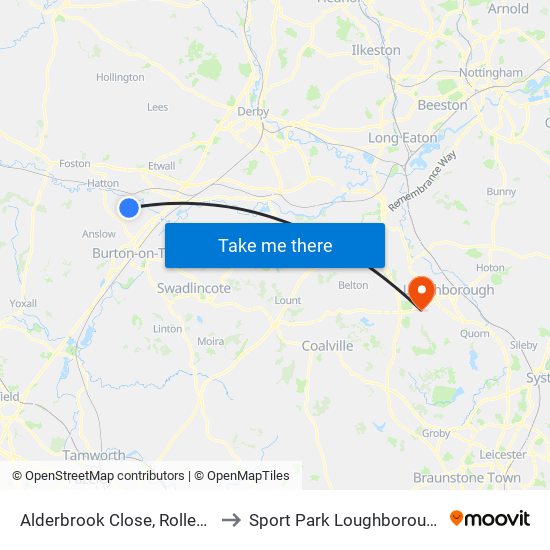 Alderbrook Close, Rolleston on Dove to Sport Park Loughborough University map