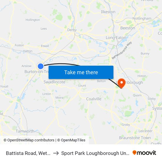 Battista Road, Wetmore to Sport Park Loughborough University map