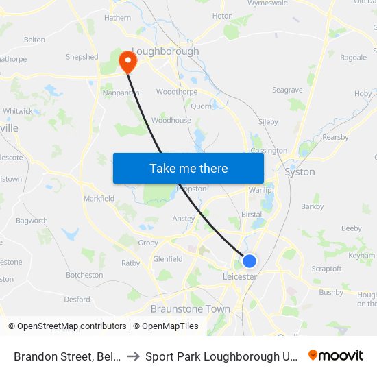 Brandon Street, Belgrave to Sport Park Loughborough University map
