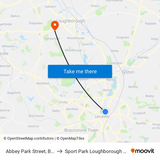 Abbey Park Street, Belgrave to Sport Park Loughborough University map