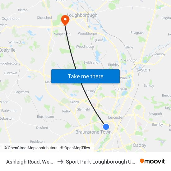 Ashleigh Road, West End to Sport Park Loughborough University map