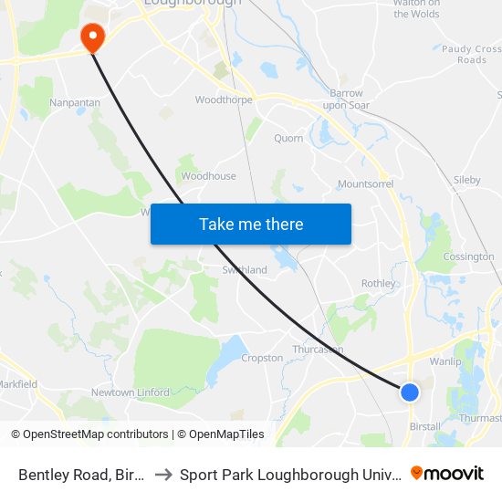 Bentley Road, Birstall to Sport Park Loughborough University map