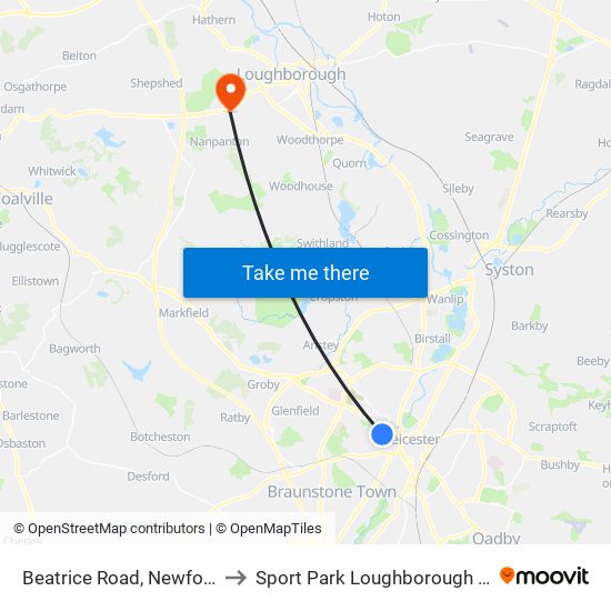 Beatrice Road, Newfoundpool to Sport Park Loughborough University map
