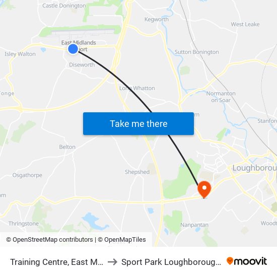 Training Centre, East Mids Airport to Sport Park Loughborough University map