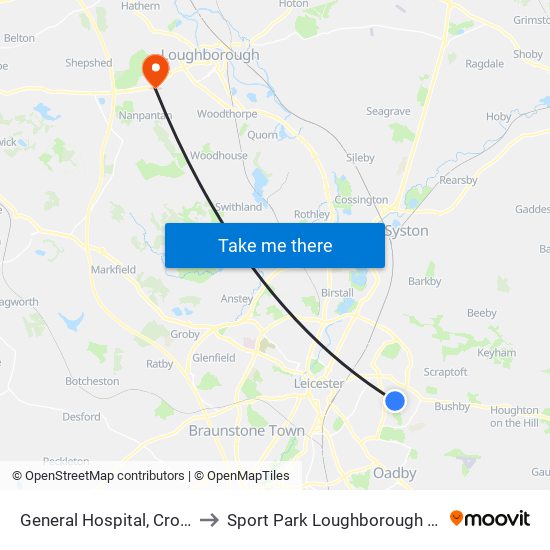 General Hospital, Crown Hills to Sport Park Loughborough University map