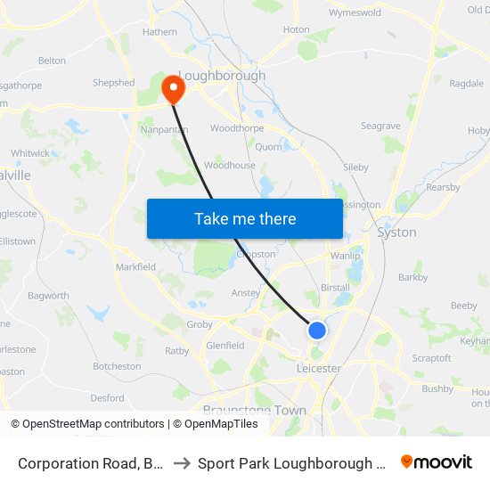 Corporation Road, Belgrave to Sport Park Loughborough University map