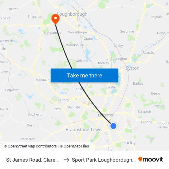 St James Road, Clarendon Park to Sport Park Loughborough University map