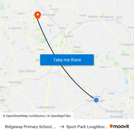 Ridgeway Primary School, Market Harborough to Sport Park Loughborough University map