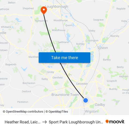 Heather Road, Leicester to Sport Park Loughborough University map