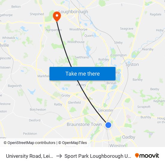 University Road, Leicester to Sport Park Loughborough University map