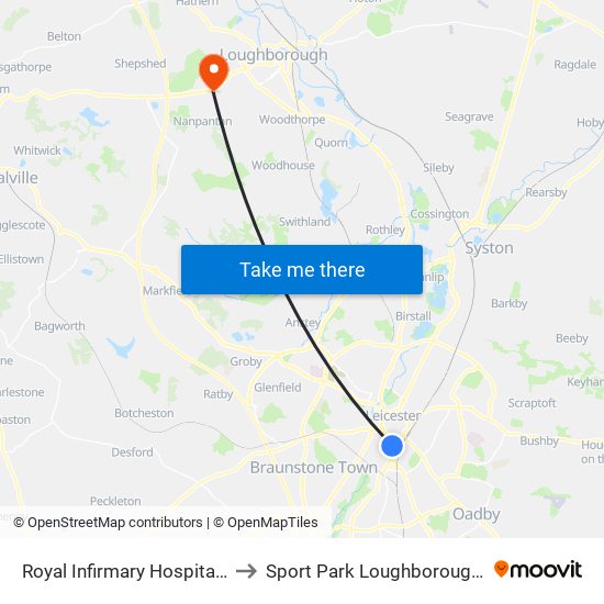 Royal Infirmary Hospital, Leicester to Sport Park Loughborough University map