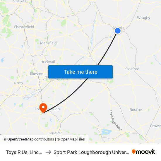 Toys R Us, Lincoln to Sport Park Loughborough University map