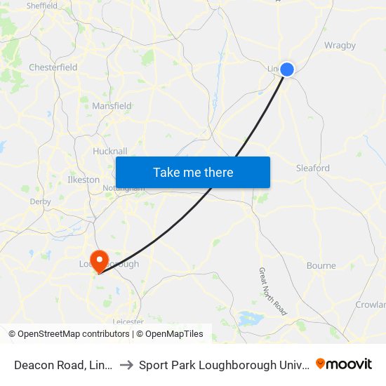 Deacon Road, Lincoln to Sport Park Loughborough University map