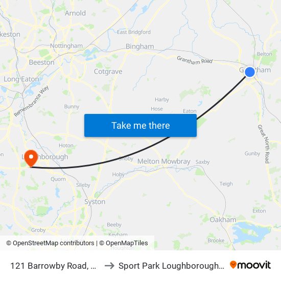 121 Barrowby Road, Grantham to Sport Park Loughborough University map