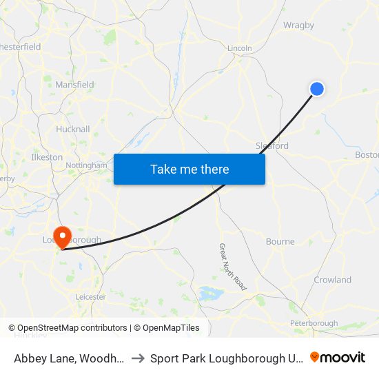 Abbey Lane, Woodhall Spa to Sport Park Loughborough University map