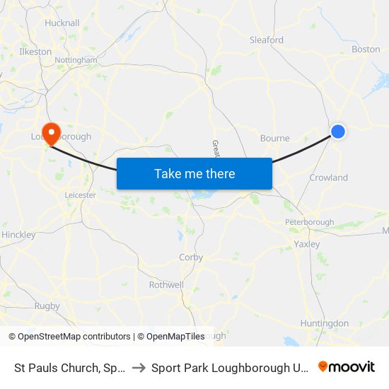 St Pauls Church, Spalding to Sport Park Loughborough University map