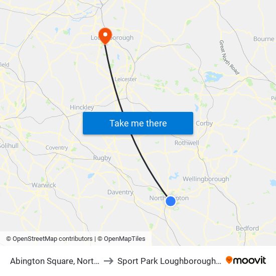 Abington Square, Northampton to Sport Park Loughborough University map