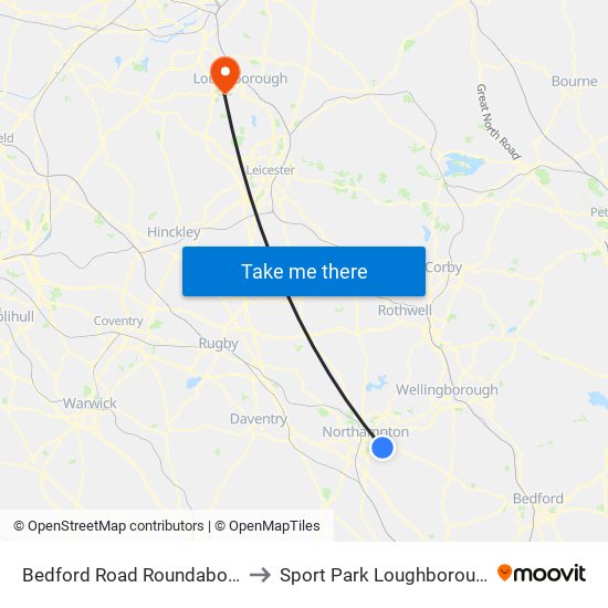 Bedford Road Roundabout, Brackmills to Sport Park Loughborough University map