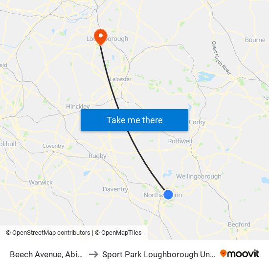 Beech Avenue, Abington to Sport Park Loughborough University map