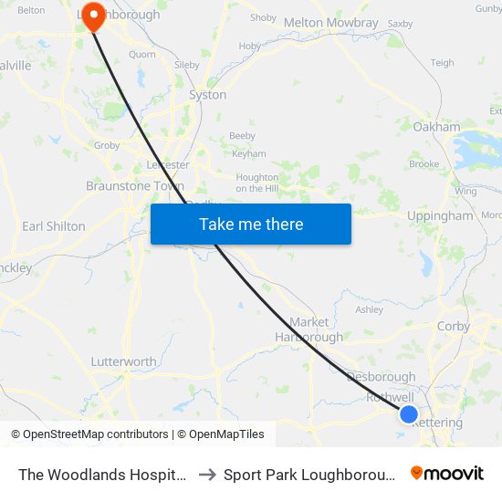 The Woodlands Hospital, Kettering to Sport Park Loughborough University map