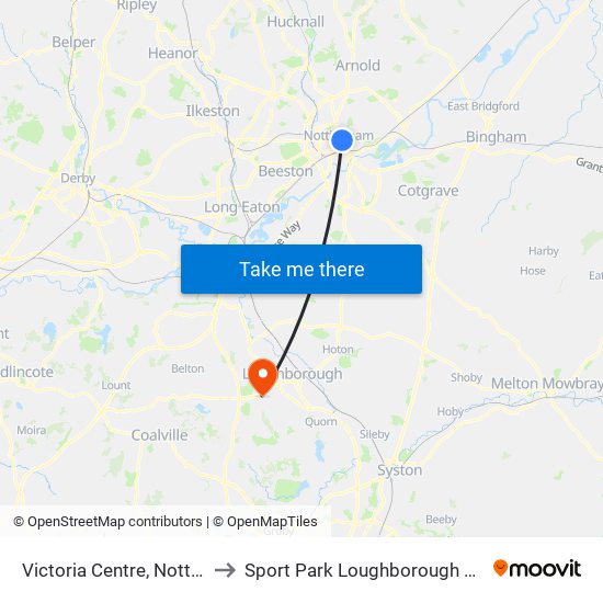 Victoria Centre, Nottingham to Sport Park Loughborough University map