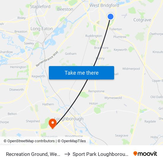 Recreation Ground, West Bridgford to Sport Park Loughborough University map