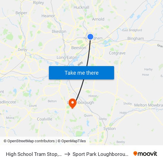 High School Tram Stop, Arboretum to Sport Park Loughborough University map