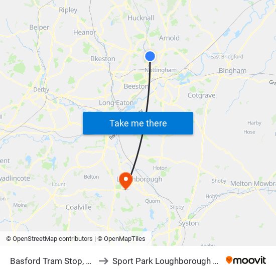 Basford Tram Stop, Basford to Sport Park Loughborough University map